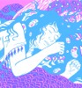 Two-color screen printing illustration: a sleeping woman with dreamlike patterns, featuring bold blue and pink.