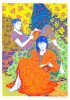 Deux femmes sont représentées en train de lire dans un environnement aux motifs colorés. Réalisée aux crayons de couleur, l’image combine des formes abstraites et des détails floraux et géométriques aux teintes vives (jaune, orange, bleu, vert).