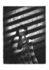 Petit dessin d'une jeune fille en clair-obscur derrière laquelle apparaît des monstres apparentés à des yokai. Noir et blanc / persiennes / lumière / fenêtre.