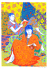 Illustration de deux femmes lisant dans une chambre très colorée. Crayon de couleur / motifs / fleurs.
