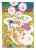 Illustration de femme et d'un dragon dans une forêt aux crayons de couleurs. Fleur / arbres / bulle de savon / couleurs
