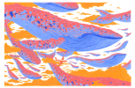 Grand format représentant des baleine rose et bleu navigant dans un ciel orangé. Nuage / crépuscule / envol.