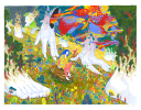 Dessin grand format représentant une femme sur un rocher qui déambule dans une forêt de pieds humain et animal. Crayon de couleurs / illustration / perroquets / fleurs.