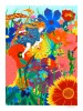Dessin aux crayons de couleur montrant une femme sautant de fleur en fleur dans un champ coloré, entourée d’oiseaux tropicaux.