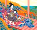 Colored pencil drawing: two characters in kimonos rest on a colorful dragon, surrounded by floral patterns and a meadow landscape.
