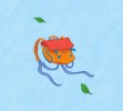 Illustration of an orange backpack with a red flap, surrounded by green leaves, black pencil drawing digitally colored.